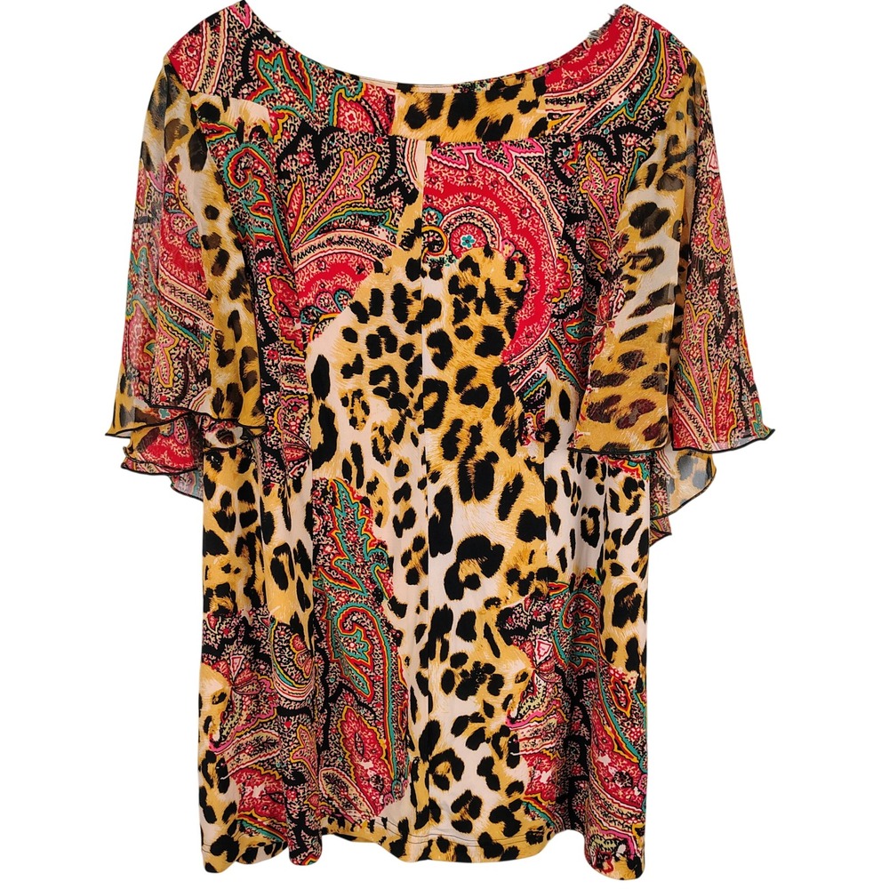 Womens 1X Simonton Says Leopard Paisley Blouse Multicolor Butterfly Sleeve Boho